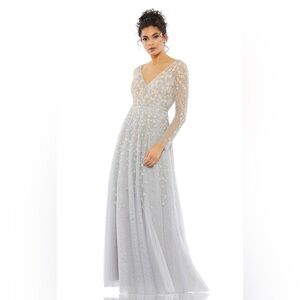 Mac Duggal size 16 Embellished Wrap Over Illusion Long Sleeve A Line Gown Gray